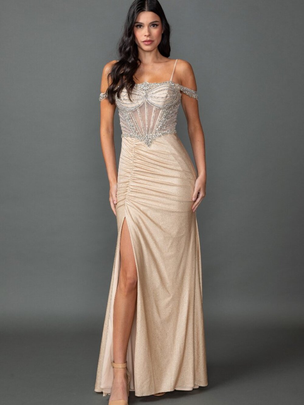NEW CHAMPAGNE Evening Gown Floor Length Formal Elegant Stunning 4565